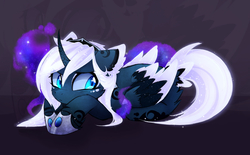 Size: 2415x1493 | Tagged: safe, artist:magnaluna, princess luna, alicorn, pony, alternate design, cheek fluff, colored wings, curved horn, ear fluff, female, looking sideways, multicolored wings, prone, simple background, solo