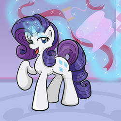 Size: 1024x1024 | Tagged: safe, artist:yoshimarsart, rarity, g4, fabric, female, magic, raised hoof, solo, spool, thread, watermark