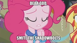 Size: 887x500 | Tagged: safe, edit, pinkie pie, sunset shimmer, equestria girls, g4, my little pony equestria girls: friendship games, caption, crystal prep shadowbolts, curse, god, image macro, meme, pinkie pie praying, praying, text