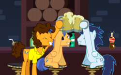 Size: 1024x634 | Tagged: safe, artist:mlp-trailgrazer, cheese sandwich, flash sentry, soarin', earth pony, pegasus, pony, g4, alcohol, bar, beer, best friends, bros, cheers, cider, drink, drinking, smiling