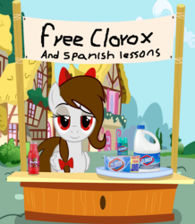 Size: 3000x3435 | Tagged: safe, artist:rsa.fim, oc, oc only, oc:whisper hope, pegasus, pony, bleach, bow, clorox, concession stand, female, high res, mexican, ponyville, red eyes, ribbon, solo, spanish