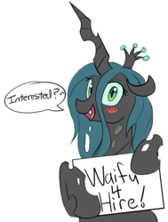 Size: 1062x1402 | Tagged: safe, artist:lance, queen chrysalis, changeling, changeling queen, g4, blush sticker, blushing, bronybait, crown, dialogue, female, jewelry, looking at you, mare, open mouth, regalia, sign, simple background, smiling, solo, speech bubble, waifu, white background