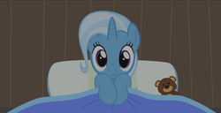 Size: 1600x816 | Tagged: safe, artist:agrol, trixie, pony, unicorn, must be better, g4, bed, cute, diatrixes, female, mare, teddy bear