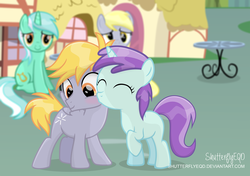 Size: 2805x1970 | Tagged: safe, artist:shutterflyeqd, crackle pop, derpy hooves, liza doolots, lyra heartstrings, petunia, tootsie flute, g4, blushing, colt, cute, female, filly, kissing, magical lesbian spawn, male, offspring, parent:bon bon, parent:lyra heartstrings, parents:lyrabon, ponyville, request, shipper on deck, shipping, sitting, smiling, straight, table, that pony sure does love crackle pop, tootsiepop