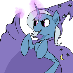 Size: 1280x1280 | Tagged: safe, artist:hufflepuffgirl-art, trixie, pony, unicorn, g4, cape, clothes, female, magic, mare, open mouth, rearing, simple background, smiling, solo, telekinesis, trixie's cape, trixie's hat, white background