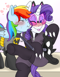 Size: 1512x1960 | Tagged: safe, artist:blackbewhite2k7, rainbow dash, rarity, pegasus, pony, unicorn, g4, angry, batman, batmare, blushing, catmare, catwoman, cheek kiss, claws, clothes, costume, cowl, crossed legs, crossover, face, female, kissing, lesbian, mare, scrunchy face, ship:raridash, shipping, sitting, unmasked, whip