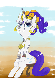 Size: 2893x4092 | Tagged: safe, artist:helloiamyourfriend, rarity, pony, unicorn, g4, bracelet, colored beads, colored sketch, ear piercing, earring, female, fulani, headband, high res, jewelry, nose piercing, nose ring, piercing, rarity wears human jewelry, sitting, solo, tangerines, west african