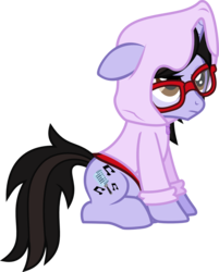 Size: 845x1052 | Tagged: safe, artist:lightningbolt, derpibooru exclusive, pony, unicorn, g4, .svg available, annoyed, brendon urie, casual, clothes, crooked glasses, floppy ears, frown, glasses, hoodie, lidded eyes, male, panic! at the disco, ponified, shirt, show accurate, simple background, sitting, solo, stallion, svg, transparent background, undershirt, unicorn problems, vector, zipper