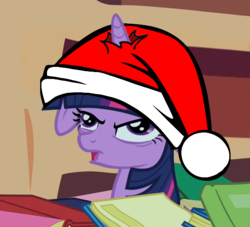 Size: 579x526 | Tagged: safe, edit, edited screencap, screencap, twilight sparkle, pony, unicorn, g4, book, derp, female, floppy ears, frown, glare, hat, horn, horn impalement, mare, open mouth, santa hat, solo, unamused