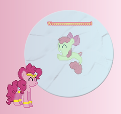 Size: 504x471 | Tagged: safe, artist:verve, apple bloom, pinkie pie, genie, seapony (g4), ain't never had friends like us, g4, ask, gradient background, hilarious in hindsight, pixel art, seaponified, seapony apple bloom, smiling, species swap, sphere, transformation, tumblr, water