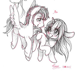 Size: 540x511 | Tagged: safe, artist:unspokenlovensfw, oc, oc only, pegasus, pony, unicorn, heart, shipping, spread wings, traditional art