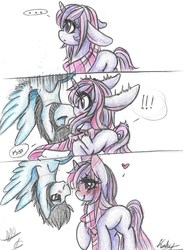 Size: 1100x1503 | Tagged: safe, artist:unspokenlovensfw, oc, oc only, pegasus, pony, unicorn, clothes, floppy ears, heart, kissing, oc x oc, scarf, shipping, traditional art