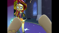 Size: 854x480 | Tagged: safe, sunset shimmer, equestria girls, g4, 3d, derp, gmod, hooves, looking at you, weapon
