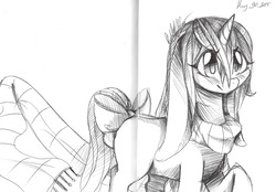 Size: 1280x893 | Tagged: safe, artist:unspokenlovensfw, oc, oc only, pony, unicorn, bow, clothes, scarf, solo, tail bow, traditional art