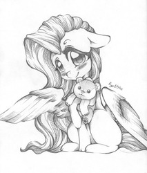 Size: 400x470 | Tagged: safe, artist:unspokenlovensfw, fluttershy, pegasus, pony, g4, cute, explicit source, female, looking at you, missing cutie mark, pencil drawing, shyabetes, simple background, solo, teddy bear, traditional art, white background