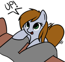 Size: 1105x1066 | Tagged: safe, artist:neuro, oc, oc only, oc:anon, oc:littlepip, human, pony, fallout equestria, behaving like a dog, cute, dialogue, female, looking up, mare, missing horn, open mouth, simple background, solo focus, tail wag, transparent background, upsies