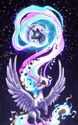 Size: 900x1440 | Tagged: safe, artist:moth-doll, princess celestia, alicorn, pony, g4, female, mare, mare in the moon, moon, music notes, sad, singing, spread wings
