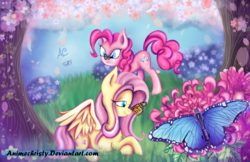 Size: 1024x663 | Tagged: safe, artist:animechristy, part of a set, fluttershy, pinkie pie, butterfly, earth pony, pegasus, pony, g4, crossed hooves, female, grass, mare, scenery, signature, spring, tree