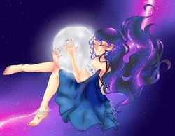 Size: 2377x1849 | Tagged: safe, artist:marshmel-chan, princess luna, human, g4, barefoot, ear piercing, earring, eyes closed, feet, female, humanized, jewelry, moon, piercing, pony bigger than a planet, smiling, solo, stars, tangible heavenly object