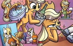Size: 1198x754 | Tagged: safe, idw, applejack, bunny (g4), prince blueblood, earth pony, pony, unicorn, g4, spoiler:comic, spoiler:comicdeviations, applejack is not amused, bath, cider, clothes, cupcake, food, hooficure, mouth hold, nail file, painting, scarf, sparkling cider, unamused