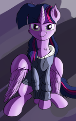Size: 1868x2998 | Tagged: safe, artist:cluvry, twilight sparkle, alicorn, pony, g4, clothes, female, hoodie, sitting, smiling, solo, twilight sparkle (alicorn)