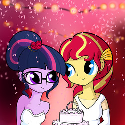 Size: 1280x1280 | Tagged: safe, artist:tjpones, sci-twi, sunset shimmer, twilight sparkle, equestria girls, g4, cake, clothes, cute, dress, duo, female, food, gift art, glasses, lesbian, marriage, shimmerbetes, ship:sci-twishimmer, ship:sunsetsparkle, shipping, smiling, twiabetes, wedding, wedding dress