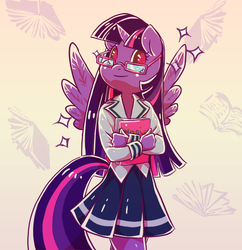 Size: 600x621 | Tagged: safe, artist:jellopopsicle, twilight sparkle, alicorn, anthro, g4, book, clothes, female, glasses, school uniform, solo, spread wings, twilight sparkle (alicorn)