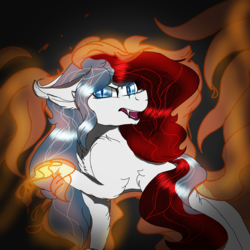 Size: 2560x2560 | Tagged: safe, artist:brokensilence, oc, oc only, oc:mira songheart, earth pony, fox, kitsune, pony, angry, cloak, clothes, dark background, high res, kyuubi, magic, naruto, open mouth, paws, ponysona, reference, sharp teeth, teeth, transformation, you're fucked now
