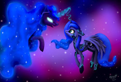 Size: 1280x871 | Tagged: safe, artist:allforyouart, nightmare moon, princess luna, g4, duality, magic, nightmare luna, transformation