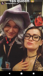 Size: 1440x2560 | Tagged: safe, trixie, human, g4, alicorn amulet, casual costume, clothes, cosplay, costume, hat, ingrid nilson, irl, irl human, photo, ponycon, ponycon 2017, trixie's hat, voice actor, voice actor joke