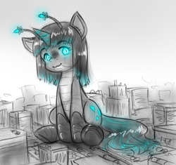 Size: 530x499 | Tagged: dead source, safe, artist:alloyrabbit, oc, oc only, oc:orchid, kaiju, kaiju pony, monster pony, building, city, cute, horn, looking at you, macro, neo noir, partial color, sitting, sketch, solo