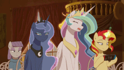 Size: 640x360 | Tagged: safe, artist:deannart, maud pie, princess celestia, princess luna, sunset shimmer, alicorn, earth pony, pony, unicorn, season 5, slice of life (episode), animated, blinking, bored, cute, cutelestia, drool, eyes closed, featured image, female, fiery shimmer, frame by frame, frown, gamer sunset, gif, glare, glowing, glowing horn, gritted teeth, hilarious in hindsight, hoof hold, horn, lidded eyes, luna is not amused, magic, majestic as fuck, mare, marriage, nintendo, nintendo switch, open mouth, preview, sigh, sitting, sleeping, smiling, smooth as butter, snoring, unamused, underhoof, wedding, wings
