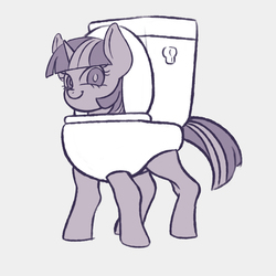 Size: 1200x1200 | Tagged: safe, artist:kaikoinu, twilight sparkle, pony, toilet pony, g4, :t, but why, faic, female, gray background, looking at you, monochrome, simple background, smiling, smirk, solo, toilet, toilet sparkle, twiface, wat, white background