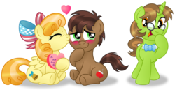 Size: 1024x540 | Tagged: safe, artist:aleximusprime, oc, oc only, oc:benny, oc:freedom belle, oc:rocky, fillycon, blushing, convention mascots, cutie mark, fillycon mascots, kissing, love, simple background, text, transparent background, valentine's day, vector