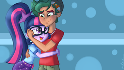 Size: 1024x576 | Tagged: dead source, safe, artist:wubcakeva, sci-twi, timber spruce, twilight sparkle, human, equestria girls, g4, my little pony equestria girls: legend of everfree, adorkable, camp everfree outfits, clothes, cute, daaaaaaaaaaaw, dork, female, glasses, hug, male, meganekko, open mouth, ponytail, shipping, shorts, smiling, straight, timberbetes, timbertwi, twiabetes