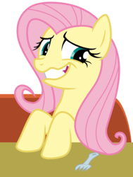 Size: 3100x4100 | Tagged: safe, artist:tomfraggle, fluttershy, g4, the saddle row review, female, fork, high res, nervous laugh, simple background, solo, table, transparent background, vector