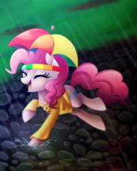 Size: 2162x2700 | Tagged: safe, artist:scarlet-spectrum, pinkie pie, earth pony, pony, g4, cute, diapinkes, eyes closed, female, hat, high res, open mouth, rain, raincoat, smiling, solo, splash, umbrella hat, water