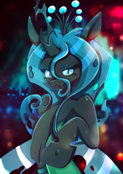 Size: 1358x1920 | Tagged: safe, artist:rariedash, queen chrysalis, changeling, changeling queen, g4, crown, fangs, female, jewelry, looking at you, open mouth, raised hoof, regalia, slit pupils, smiling, solo