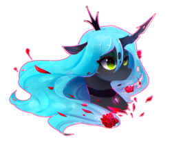 Size: 1144x1000 | Tagged: safe, artist:koveliana, queen chrysalis, changeling, changeling queen, g4, beautiful, bust, chromatic aberration, eyeshadow, female, flower, flower petals, heart, heart eyes, makeup, portrait, rose, simple background, solo, transparent background, wingding eyes