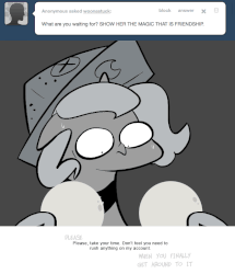 Size: 666x776 | Tagged: safe, artist:egophiliac, princess luna, moonstuck, g4, animated, ask, cartographer's cap, female, filly, gif, grayscale, hat, lunar stone, monochrome, solo, sweat, tumblr, woona, woonoggles, younger