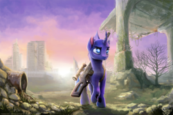 Size: 1500x1001 | Tagged: safe, artist:nemo2d, oc, oc only, oc:blue shadow, changeling, changeling oc, city, commission, curved horn, gun, horn, male, ruins, scenery, solo, sun, wasteland, weapon