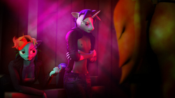 Size: 1920x1080 | Tagged: safe, artist:willitfit, rainbow dash, shining armor, anthro, comic:caught and exposed, g4, 3d, clothes, crossed arms, femboy, girly, grin, jeans, male, male nipples, nipples, open jacket, pants, party, shining femboy armor, smiling, source filmmaker
