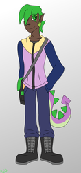 Size: 1053x2232 | Tagged: safe, artist:moonakart13, artist:moonaknight13, spike, human, g4, adult, adult spike, bag, clothes, dark skin, elf ears, freckles, gradient background, human spike, humanized, male, older, older spike, smiling, solo, tail, tailed humanization