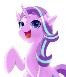 Size: 1024x1196 | Tagged: safe, artist:suziouwabami, starlight glimmer, pony, unicorn, g4, cute, female, glimmerbetes, looking at you, open mouth, raised hoof, simple background, smiling, solo, white background