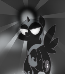 Size: 666x761 | Tagged: safe, artist:egophiliac, nightmare moon, moonstuck, g4, ask, dark woona, female, filly, glowing eyes, grayscale, magic, monochrome, nightmare woon, solo, tumblr