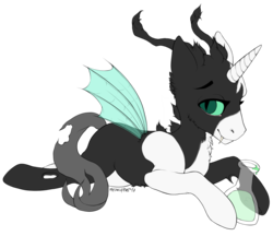 Size: 1848x1597 | Tagged: safe, artist:meowcephei, oc, oc only, oc:tounicoon, changeling, changepony, hybrid, pony, unicorn, 2017, abstract background, changeling oc, cute, flask, looking at you, sharp teeth, simple background, solo, teeth, transparent background