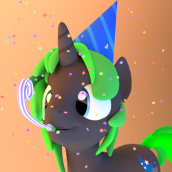 Size: 1080x1080 | Tagged: safe, artist:omnislash772, oc, oc only, oc:azure slash, pony, unicorn, 3d, birthday, confetti, cute, hat, party hat, party horn, solo