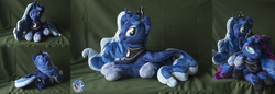 Size: 2919x1000 | Tagged: safe, artist:essorille, princess luna, alicorn, pony, g4, irl, nightmare luna, photo, plushie, prone, smiling