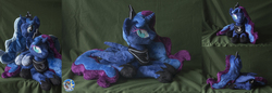 Size: 2919x1000 | Tagged: safe, artist:essorille, princess luna, alicorn, pony, g4, irl, nightmare luna, photo, plushie, prone, smiling