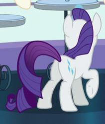 Size: 266x315 | Tagged: safe, screencap, rarity, pony, unicorn, g4, rarity investigates, butt, cropped, female, glowing horn, horn, mare, plot, raised hoof, solo